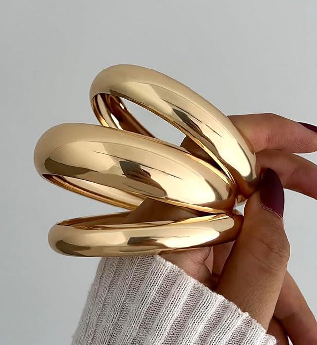 Chunky Gold Bangle Bracelets for Women, Dainty 14k Gold Plated Big Stackable Bangles Set, Trendy Statement Cuff Bracelet Stack Fashion Jewelry Christmas Gifts