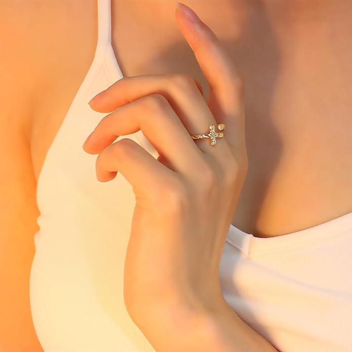 Cross Ring for Women 14 Gold Plated Hammered Texture Open Ring Size Adjustable Dainty Faith Christian Jewelry Gifts
