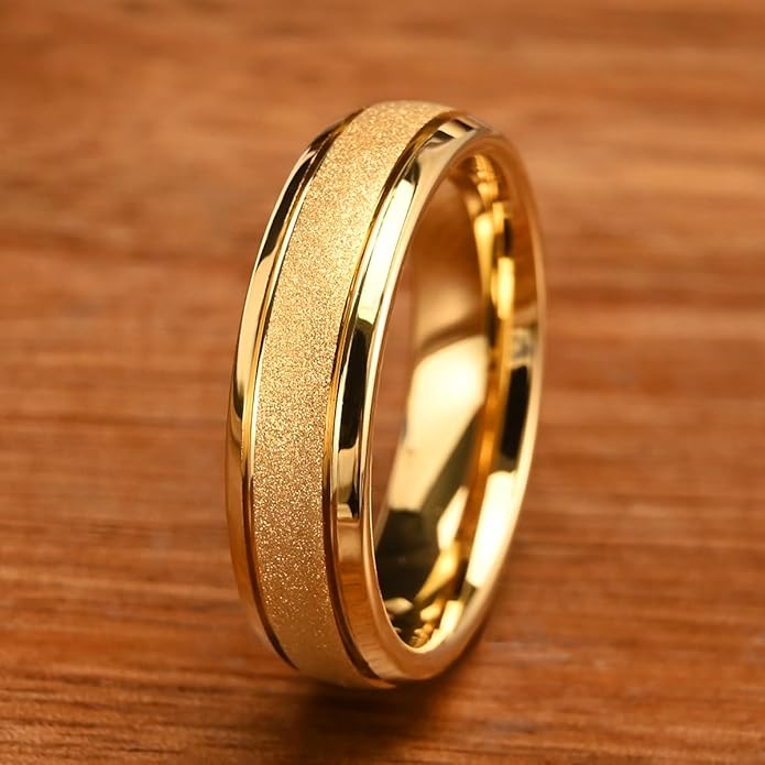 Golden Tungsten Carbide Ring for Men Women 8mm/6mm Sandblasted Inlaid Groove Men's Engagement Wedding Bands Fashionable and Luxurious