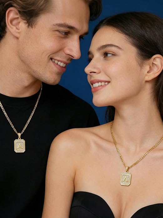 Initial Letter Pendant Necklace for Men Women, 14K Gold Square Monogram Alphabet Necklace with Figaro Chain, Valentines Day Birthday Gifts for Him Her