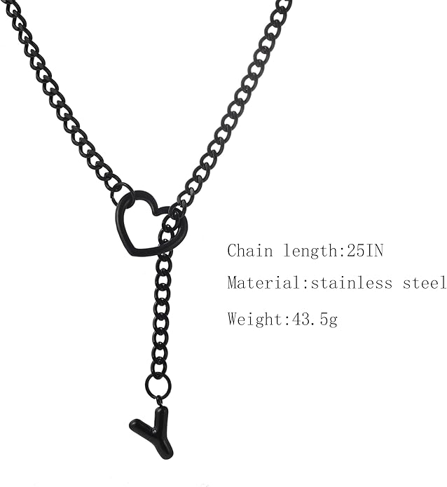 Black Heart Slip Chain Initial Necklaces for Women,Stainless Steel O-Ring Adjustable Lariat Heart Y-Necklace,Punk Gothic Cuban Collar Choker Necklace for women