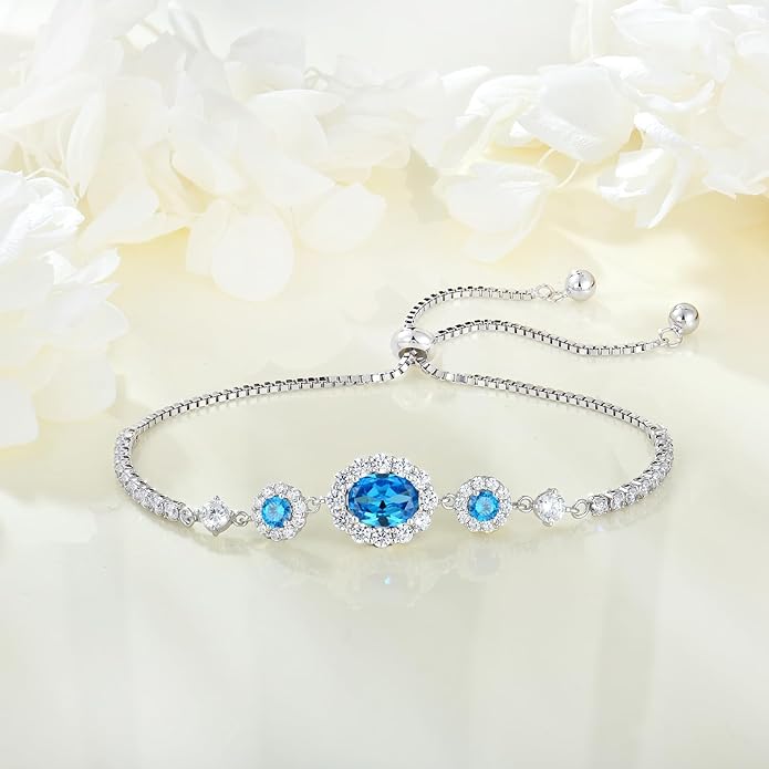925 Sterling Silver Birthstone Bracelets for Women, Adjustable Halo Cubic Zirconia CZ Bracelet Anniversary Birthday Jewerly for Mom Wife