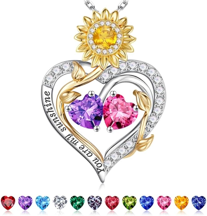 Iefil Valentines Day Gifts for Her - 925 Sterling Silver Sunflower Double Birthstone Necklace for Women, Anniversary Birthday Gifts for Wife, You Are My Sunshine Necklaces, Jewelry for Wife Mom
