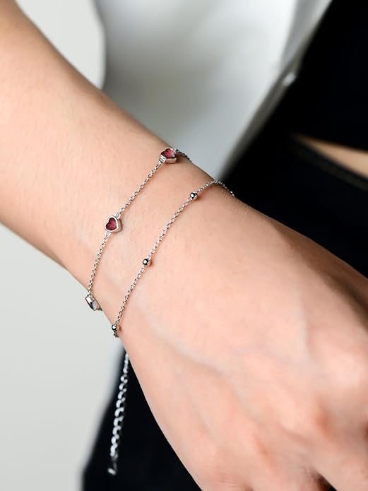 Birthstone Anklet/Bracelets for Women 925 Sterling Silver Charm Link Double Strand Heart Birthstone Jewelry Gift for Wife Women Mother's Day Gift