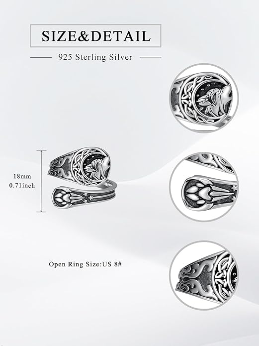 Midari Sun and Moon/Bee/Celtic/Life of Tree/Lotus Spoon Ring for Women 925 Sterling Silver Adjustable Ring Open Ring for Women Men Halloween Birthday Gift