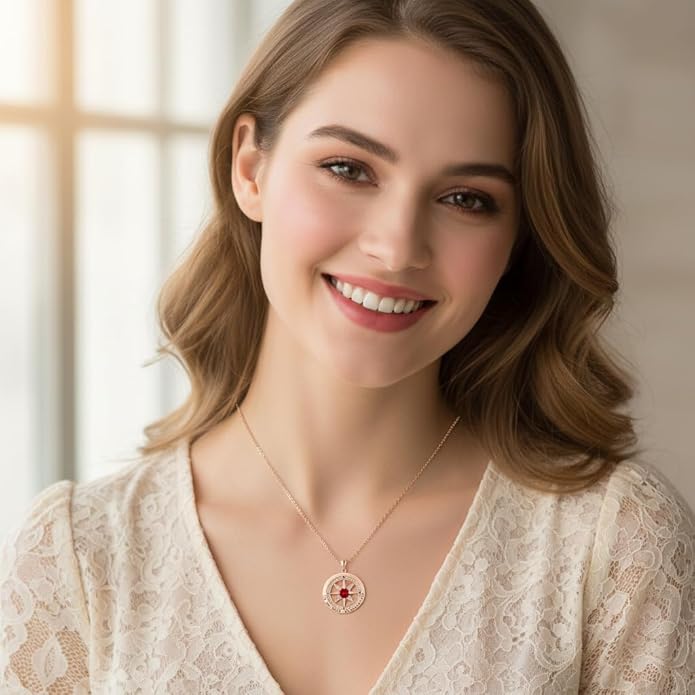 Compass Necklace for Women Wife Girlfriend Mom Daughter Gifts S925 Sterling Silver Jewelry For Anniversary Rose Gold Gifts For Birthday Christmas Mothers Valentines Day 12 Birthstones
