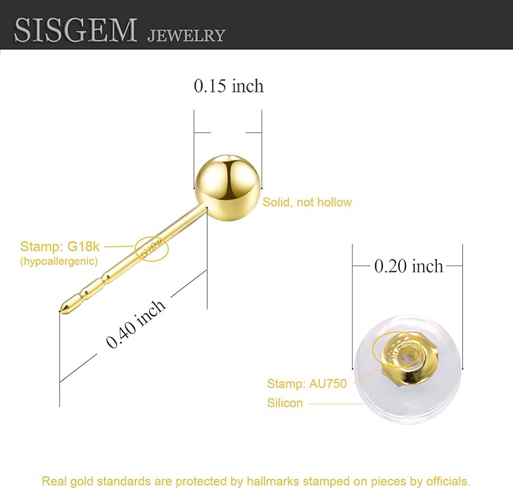 SISGEM Real 14k Yellow Gold Heart Necklace and 18k Gold Ball Earrings Set for Women