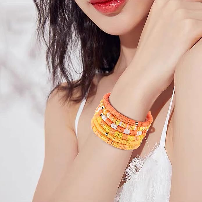 Ornaland 6 Pcs/Set Heishi Surfer Bracelets Set 6mm Polymer Clay Heishi Beads Stretch Bracelets Bohemia Summer Beach Jewelry for Women (Dark Orange)