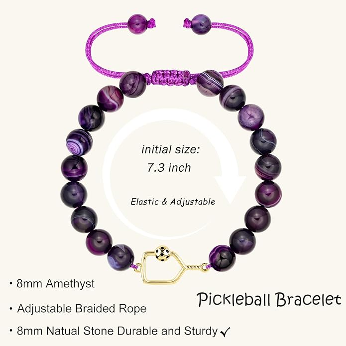 Natural Stone Adjustable Braided Beaded Pickleball Bracelet Charm Jewelry - Sports Lover Pickleball Gifts for Women Men Teens Friends