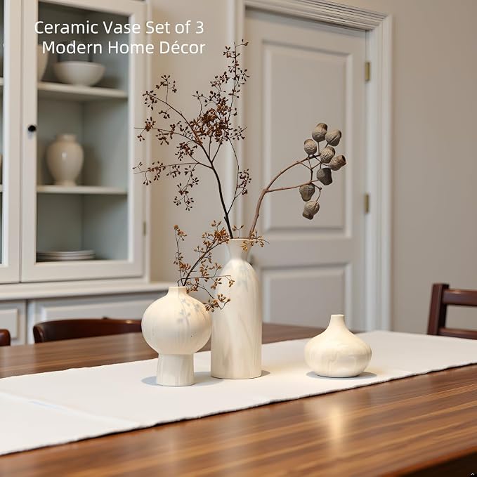 White Ceramic Vase Set of 3, Modern Organic Home Decor | Aged-stone texture - Image 4