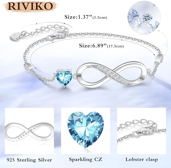 RIVIKO Infinity Love Heart Symbol Charm Bracelet for Women 925 Sterling Silver Adjustable Birthday Valentine’s Day Christmas Mothers Day Jewelry Gift for Mom Women Wife Her Friends
