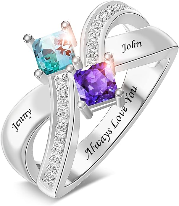 Personalized Heart Birthstone Rings for Women with 2 Birthstones Custom Name Rings for Couple Mother Daughter Jewelry Gift for Mother Her Christmas