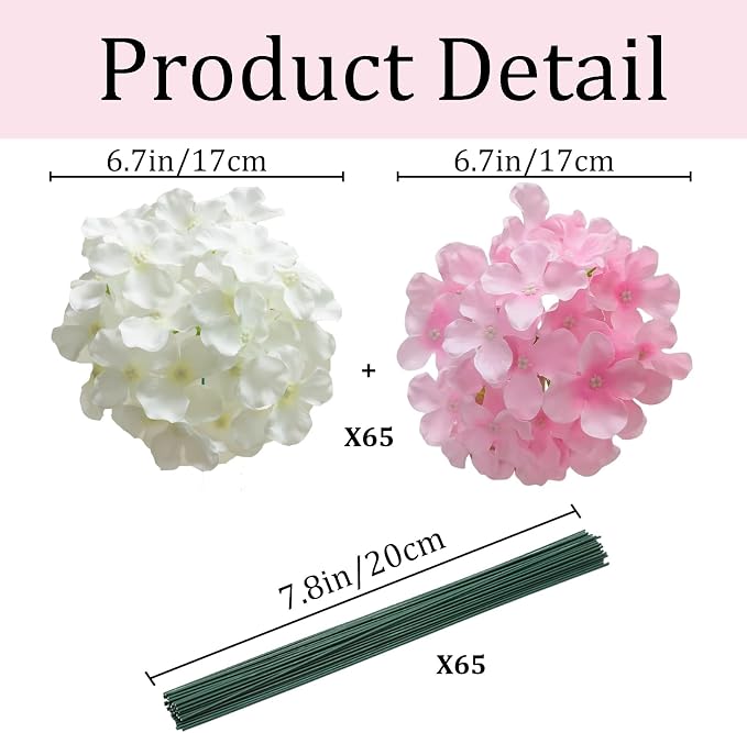 65Pcs Whitepink Hydrangea Artificial Flowers Bulk，Realistic Silk Fake Flowers - Image 3