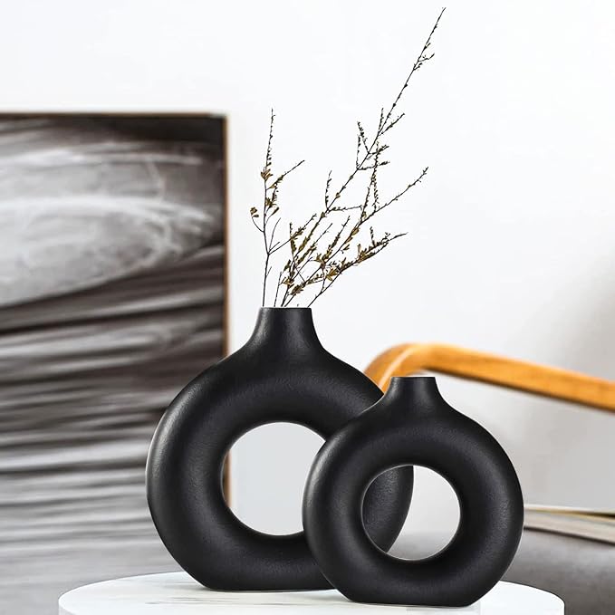 Ceramic Vases Set of 2, Modern Black Round Vase Rustic Home Decor, Donut by QLOFEI
