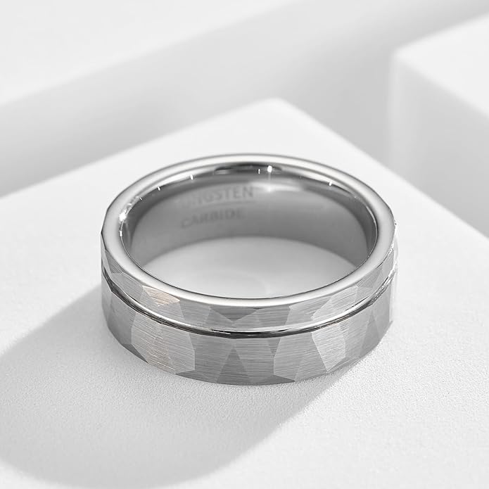 | Faceted Borderline Band - 8mm Wide Textured Grey Tungsten Ring for Men & Women