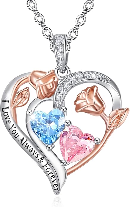 Valentine's Day Gifts for Wife 925 Sterling Silver Double Birthstone Pendant Necklaces I Love You for Always and Forever Necklace Anniversary Birthday Gifts for Wife Girlfriend Mom Her