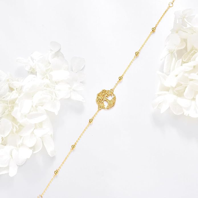 KECHO 14k Yellow Gold Butterfly/Dragonfly/Frog/Sunflower/Daisy/Tree of life/Moon/Clover Bracelet Anklet for Women