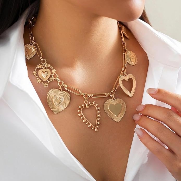 Chunky Gold Heart Necklace for Women,Y2K Big Heart Statement Necklace Long Puffy Hearts Chain Charm Necklaces Trendy Jewerly