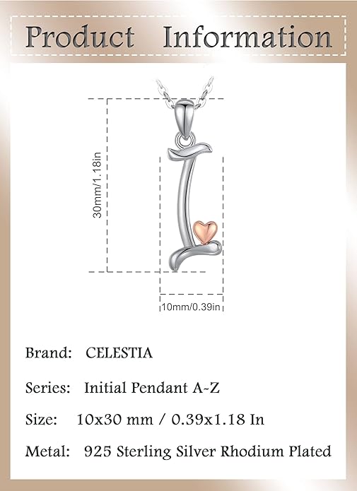 CELESTIA 925 Sterling Silver Initial Necklaces 26 Letter with Rose Gold Heart - 18 Inch Chain