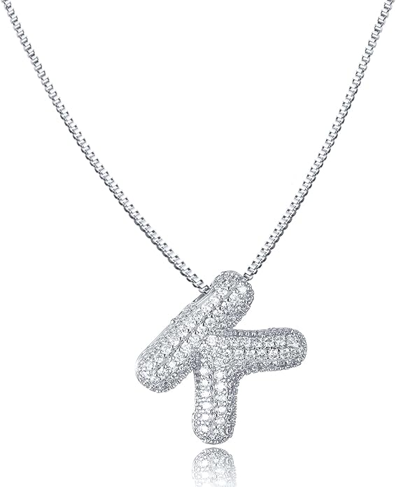 SKQIR Diamond Initial Letter Necklace for Women Bubble Gold Plated Puffy Balloon Alphabet Crystal Zircon Pendant Name Necklace Dainty Charms Trendy Jewelry Gift for Women