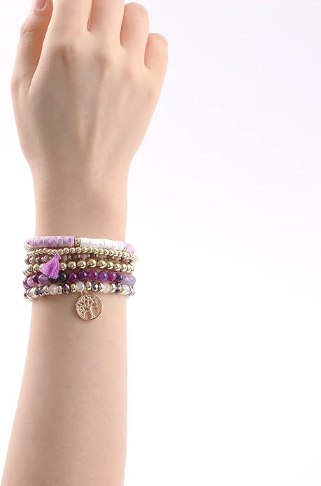 Bohemian Colorful Beaded Bracelets for Women Boho Stackable Natural Stone Letter Clay Glass Beads Stretch Bracelet Set with Charm, Cute Rainbow Friendship Bracelets for Summer Vacation