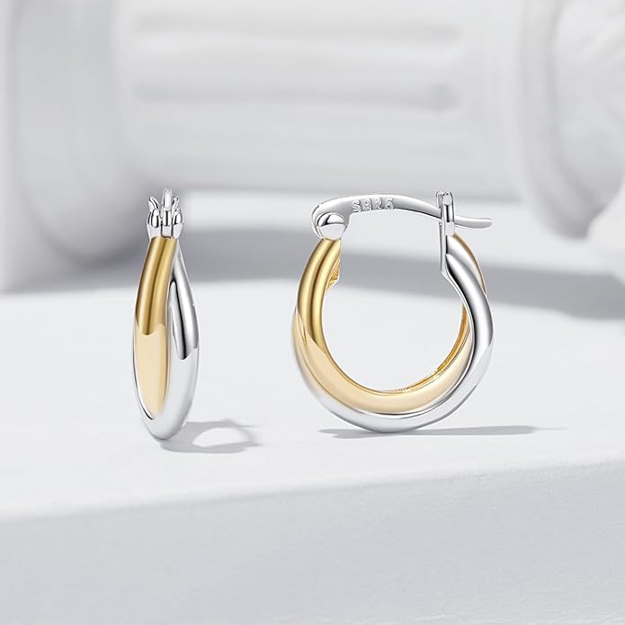 WOSTU 14K Gold Plated Two-Tone Oval Hoop Earrings for Women, Water Drop Design Lightweight Huggie Earrings,925 Sterling Silver Posts Double Drop Chunky Hoops Hypoallergenic Ear Buckles