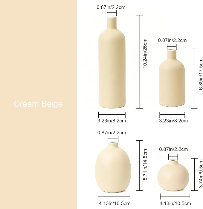 Beige Ceramic Vase Set of 4, Modern Neutral Colors Home Decor, Rustic Farmhouse - Image 3