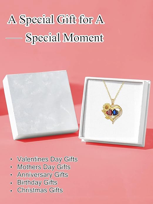 Sunflower Heart Necklace for Women 14K Gold Exquisite Valentines Day Anniversary Birthday Gifts for Wife Mother Her Double Birthstone Pendant Jewelry‘You Are My Sunshine’