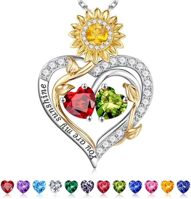 Iefil Valentines Day Gifts for Her - 925 Sterling Silver Sunflower Double Birthstone Necklace for Women, Anniversary Birthday Gifts for Wife, You Are My Sunshine Necklaces, Jewelry for Wife Mom