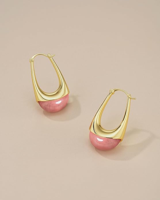 Long Oval Chunky Dangle 18K gold plated Hoops with Colored Resin Gemstone Statement Earrings for Women by SNGIA, (Green, Brown, Blue, Pink, White, Cream), Bold Drop Handmade Exaggerated Irregular Trendy Bohemian Jewelry Gifts, Unique Dangling Teardrop ...