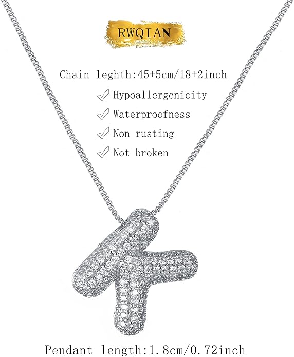 RWQIAN Letter Necklace for Women Bubble, Chunky Initial Alphabet A-Z Pendant Puffy Name Personalized Necklace Dainty Zircon CZ Fashion Jewelry Gifts for Girls Girlfriend