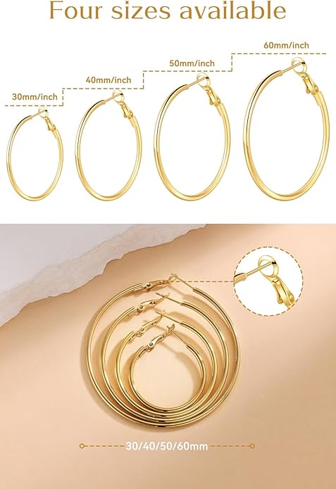 4/6 Pairs Gold Silver Hoop Earrings for Women 14K Gold Plated Hypoallergenic 2mm Thin Hoops Stainless Steel Lightweight Dangle Set 30/40/50/60mm