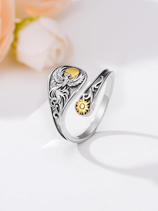 Midari Sun and Moon/Bee/Celtic/Life of Tree/Lotus Spoon Ring for Women 925 Sterling Silver Adjustable Ring Open Ring for Women Men Halloween Birthday Gift