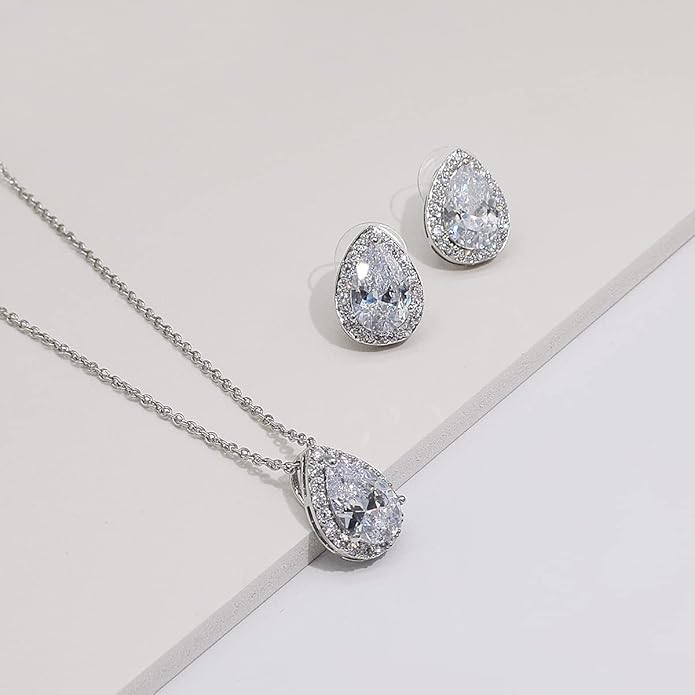 UDYLGOON Imitation Cubic Zironia Diamond Teardrop Earrings Necklace Bracelet Jewelry Set For Bride Bridesmaids Bridal Wedding Party Prom Jewelry Gift