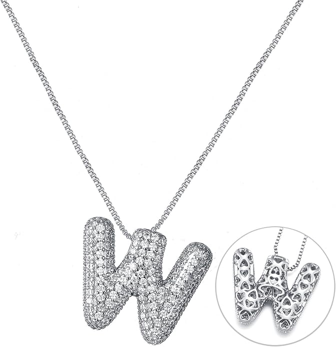 RWQIAN Letter Necklace for Women Bubble, Chunky Initial Alphabet A-Z Pendant Puffy Name Personalized Necklace Dainty Zircon CZ Fashion Jewelry Gifts for Girls Girlfriend