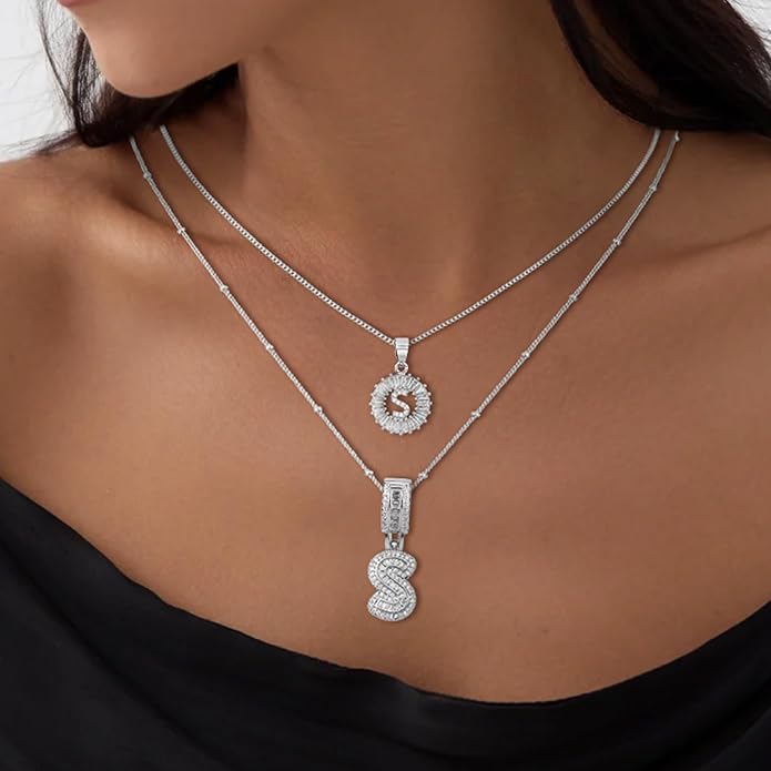 Initial Letter Necklace for Women 14k White Gold Silver Plated Dainty Necklaces Trendy Chunky Custom Layered Necklace Set Personalized Round Circle Zirconia A-Z Letter Chain Pendant Jewelry Gift