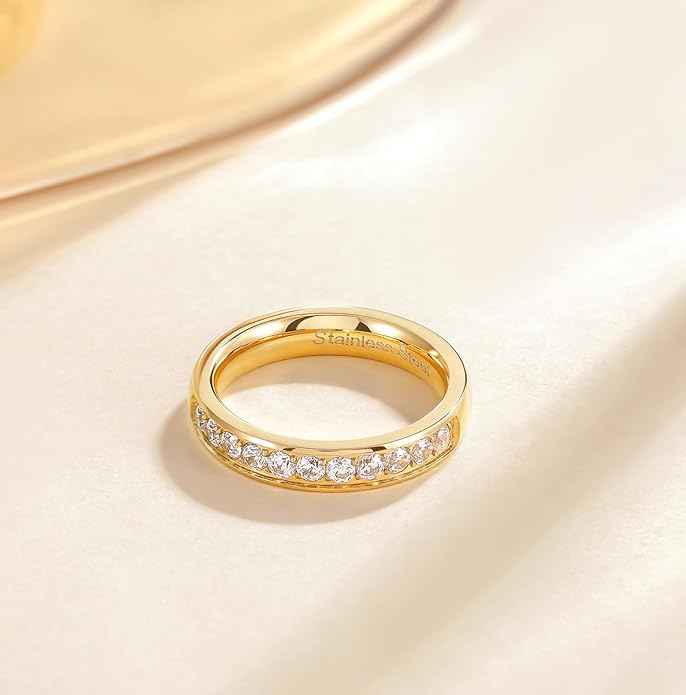 TIGRADE 3.5mm Engagement Ring Half Cubic Zirconia Stainless Steel Eternity Wedding Band for Women Size 3-12.5