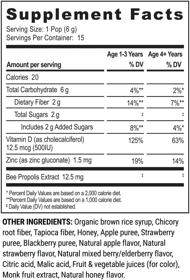 Kids Throat Soothing Lollipops by Beekeeper's Naturals - Doctor Formulated Immune Support, Vitamin D & Honey, Under 2g Sugar, Clean Ingredients,15 ct