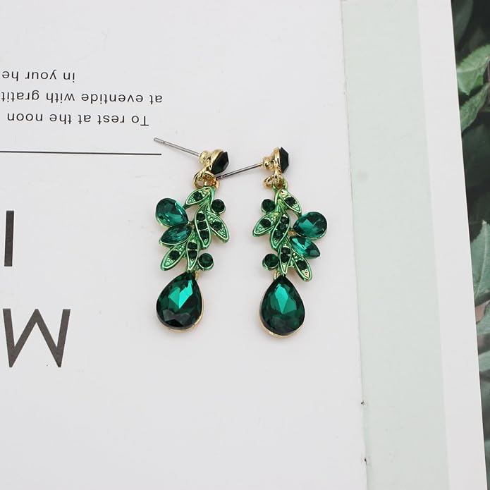 Wedding Leaf Flower Crystal Teardrop Pendant Necklace Dangle Earrings Stretch Bracelet Jewelry Set for Women Bridal Party Prom