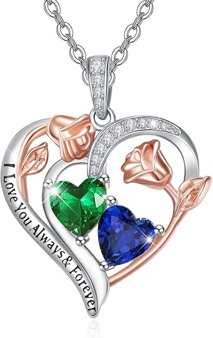 Valentine's Day Gifts for Wife 925 Sterling Silver Double Birthstone Pendant Necklaces I Love You for Always and Forever Necklace Anniversary Birthday Gifts for Wife Girlfriend Mom Her