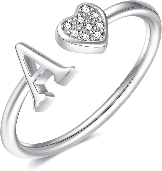 Valentines Day Gift Initial Rings for Teen Girls - S925 Heart Sterling Silver Rings for Teen Girls | 14K Gold/Rose Gold/Sterling Silver Plated Ring for Girls Kids Women Ring for Teenager Girls Gifts Adjustable, No Tarnish, Hypoallergenic