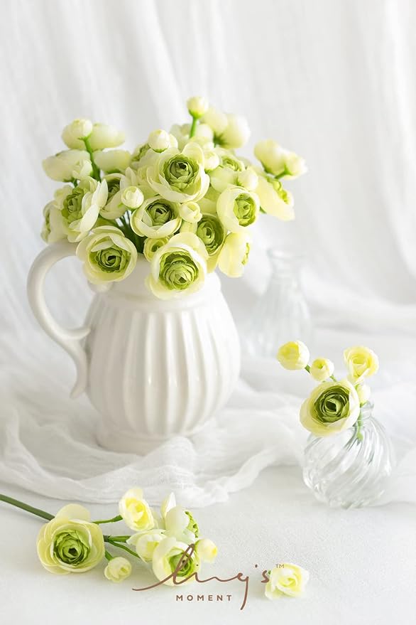 Ling's moment Fake Flowers Artificial Flower Faux Silk Ranunculus Green | Silk - Image 2