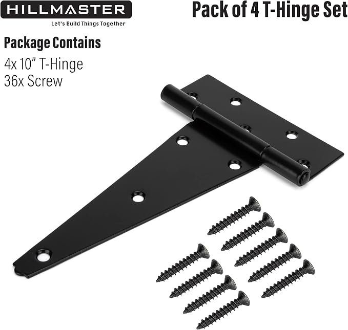 HILLMASTER 10 Inch T-Strap Heavy Duty Shed Door Hinges Gate Strap Hinges Black - Image 3
