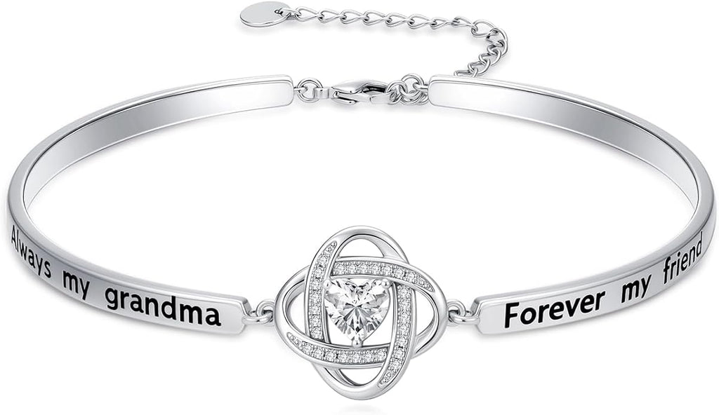 Valentines Day Gifts for Her, 18k White Gold Plated Love Knot Bracelets, Engraved Inspirational and Sentiment Bangle, Anniversary Birthday Jewelry Gift for Lover Wife Girlfriend Sister Friends
