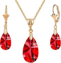 EVEVIC Austrian Crystals Teardrop Pendant Necklace Earrings for Women 14K Gold Plated Hypoallergenic Leverback Drop Dangle Earrings Jewelry Set