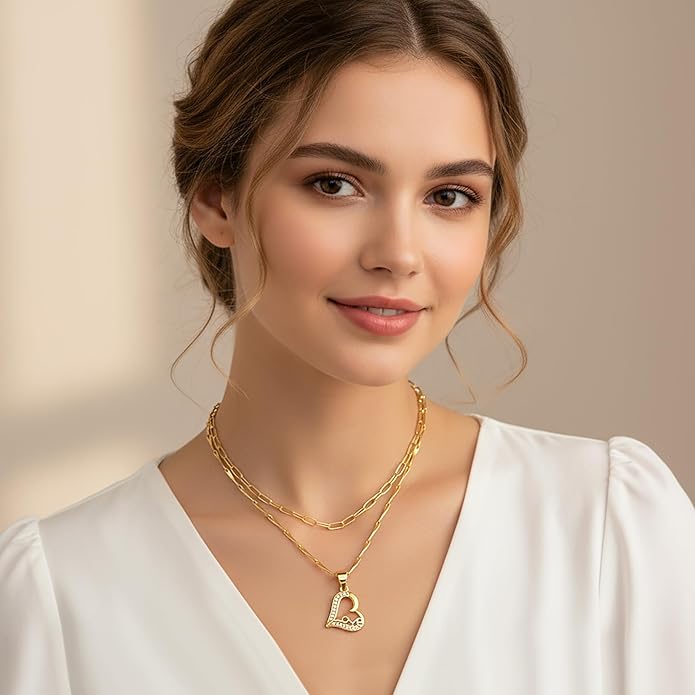 Heart Necklaces for Women 14K Gold Plated Layered Necklace Set with Cubic Zirconia Heart Pendant, Dainty Stackable Choker Chain, Gift for Her