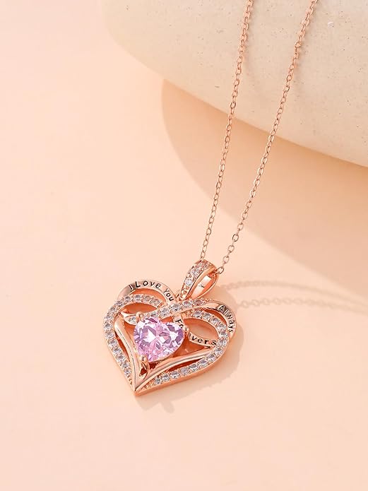 Infinity Rose Gold Valentines Heart Birthstone Necklace for Women,I Love You Always and Forever Jewelry,Valentines Anniversary Birthday Gifts for Her Wife Mom Grandma Daughter