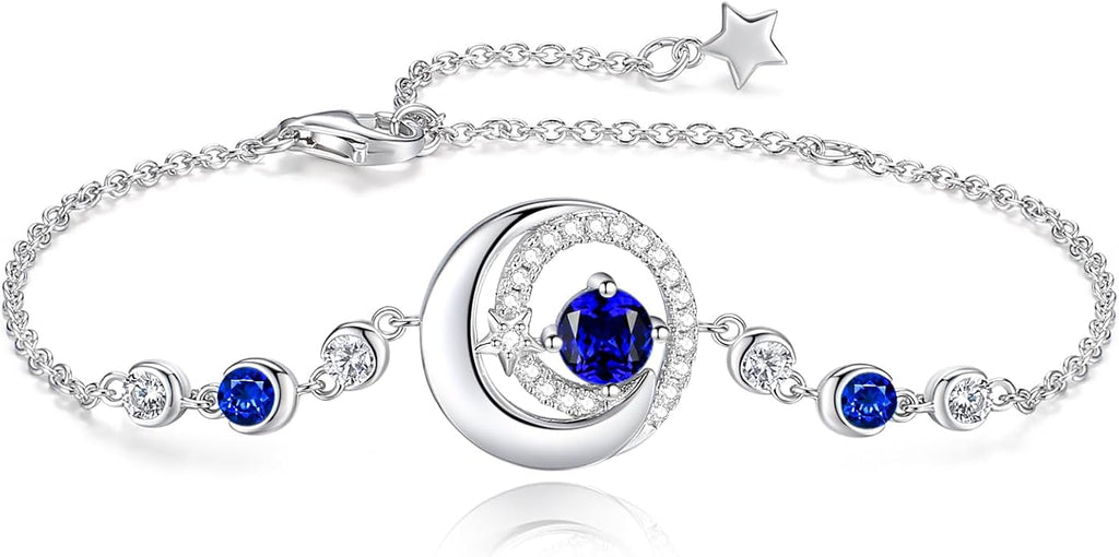FANCIME Birthstone Bracelets 925 Sterling Silver Moon and Star Bangle Charm Bracelet Fine Jewelry Birthday Anniversary Christmas Day Gift for Her Women, Adjustable Chain 6.7"+1.2" Extend