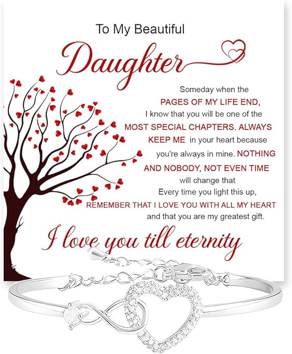 Daughter Infinity Heart Bracelet, Daughter Jewelry Gift From Mom or Dad with Message Card and Box Meaning