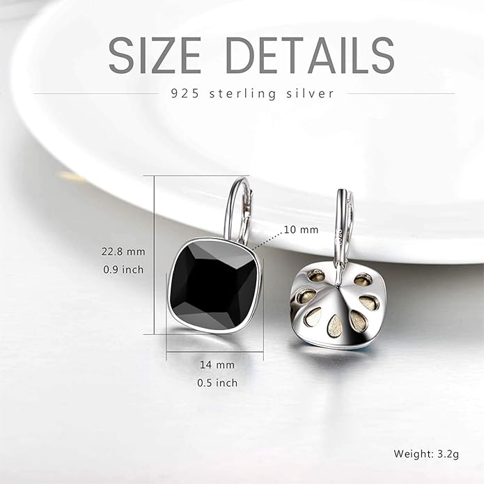 AOBOCO Sterling Silver Leverback Earrings Embellished with Crystals from Austria, Hypoallergenic Cushion Cut Square Crystal Earrings, Fine Anniversary Birthday Jewelry Gifts for Women